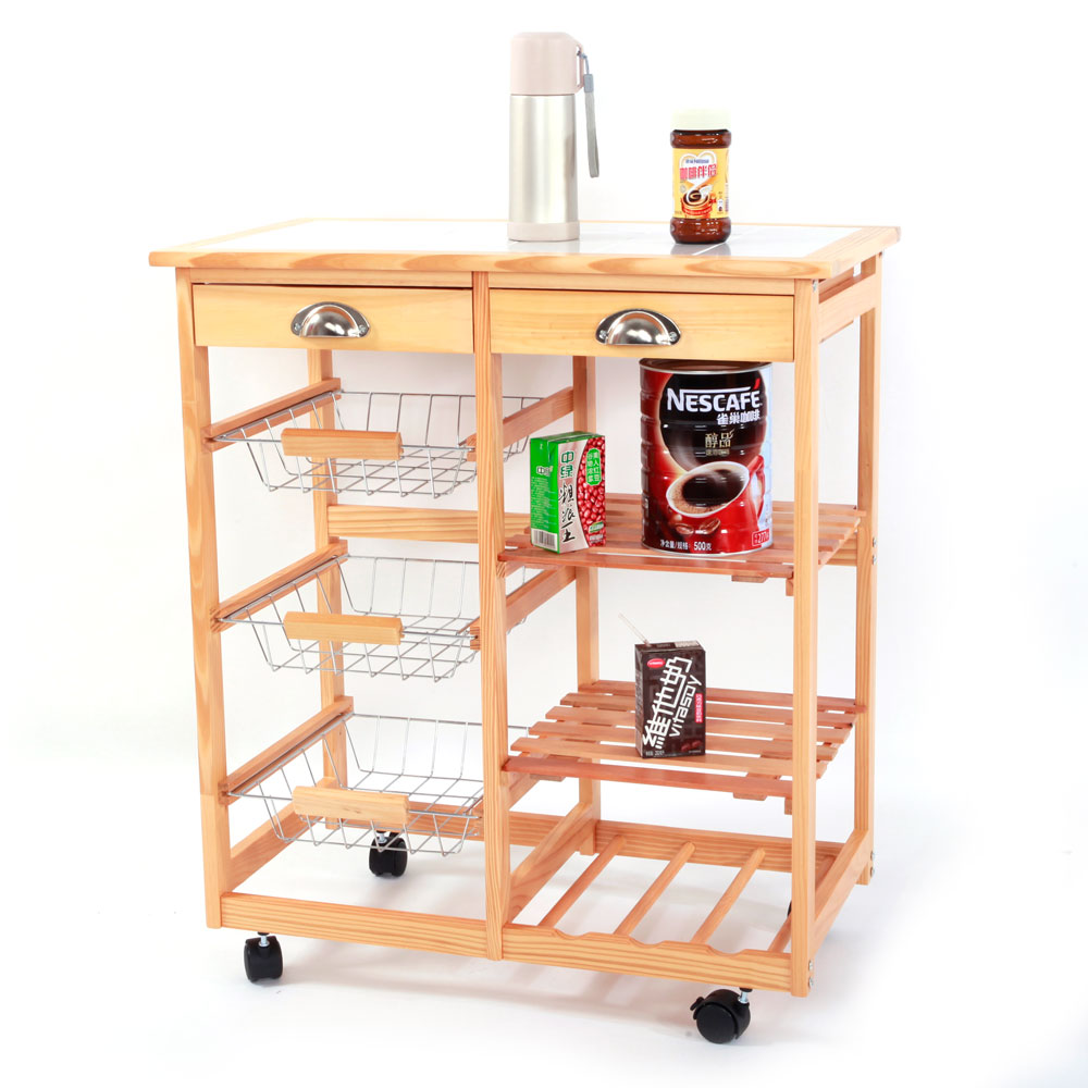Wooden Rolling Kitchen Island Trolley Cart Storage Shelf W