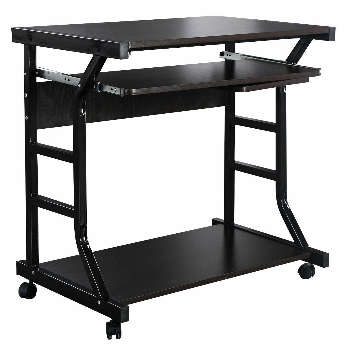 Desk On Wheels / Black Wood Small Laptop Computer Cart Desk w Drawers