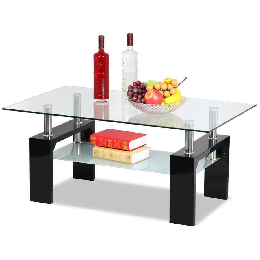 Details About Home Rectangular Tempered Glass Coffee Table W Shelf Wood Modern Furniture Us