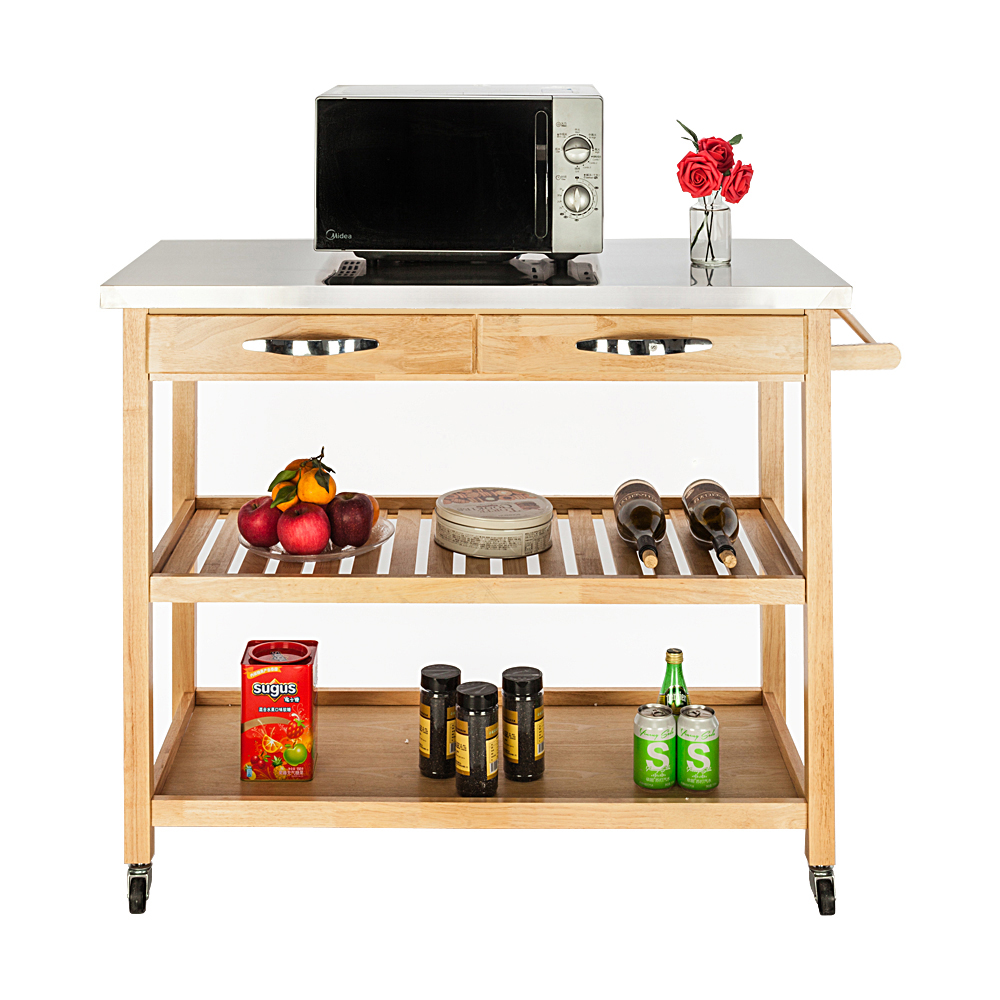 Wood 2 Shelves Drawers Large Size Kitchen Island Rolling ...